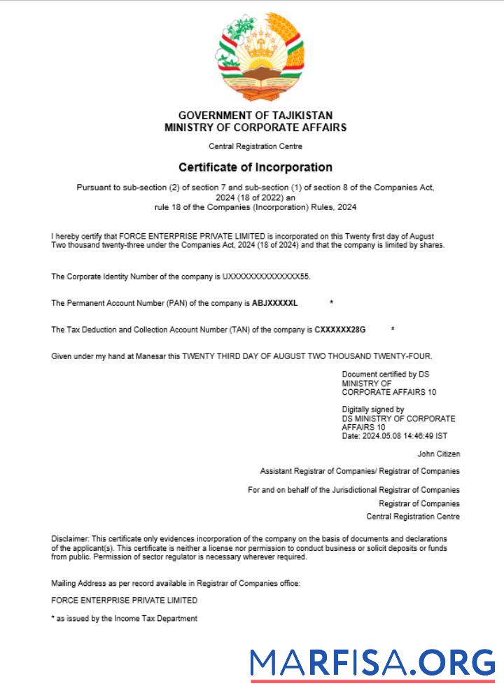 Printable Tajikistan business registration certificate Word and PDF template (1)
